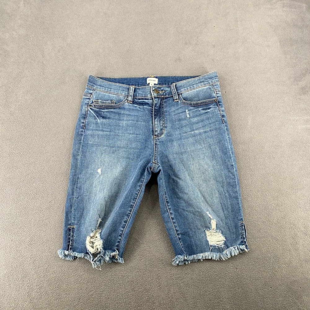 Sneak Peek Distressed Denim Bermuda Shorts Medium Wash Frayed Hem Size M